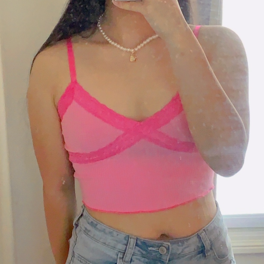 Pink Lace Detail Tank Top | S